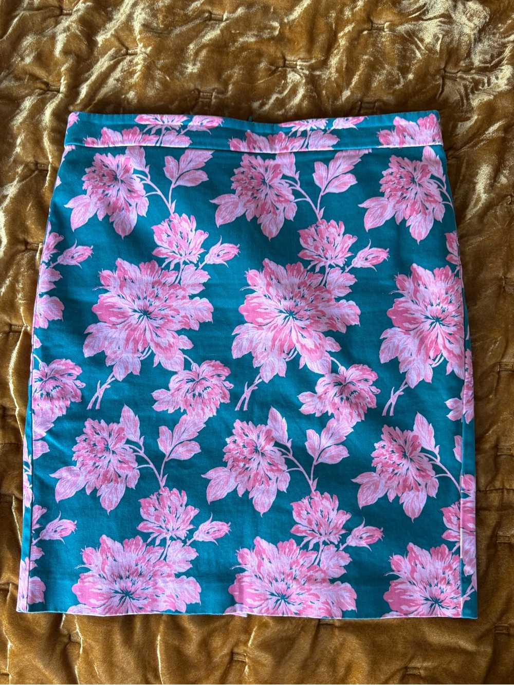 J. Crew Teal Pencil Skirt with Pink Floral Print